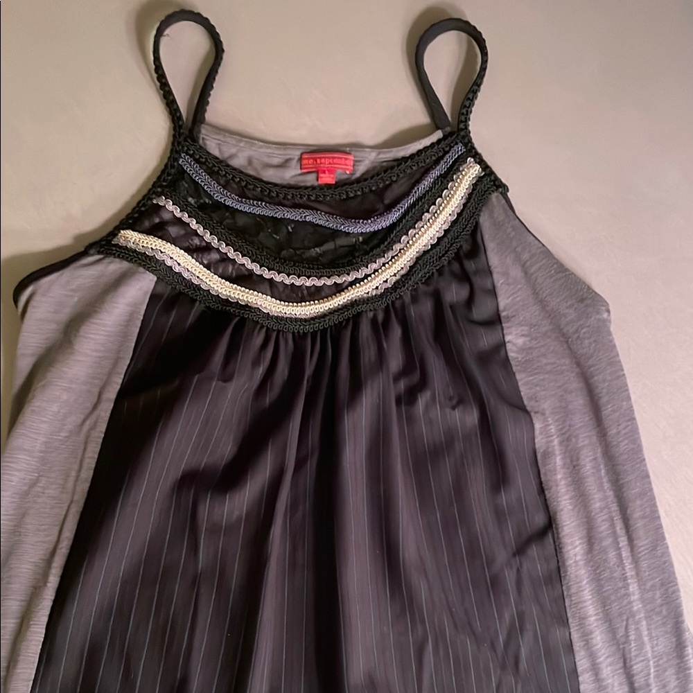 Anthropologie One September Black and Gray Strappy Top with Embellished Neckline
